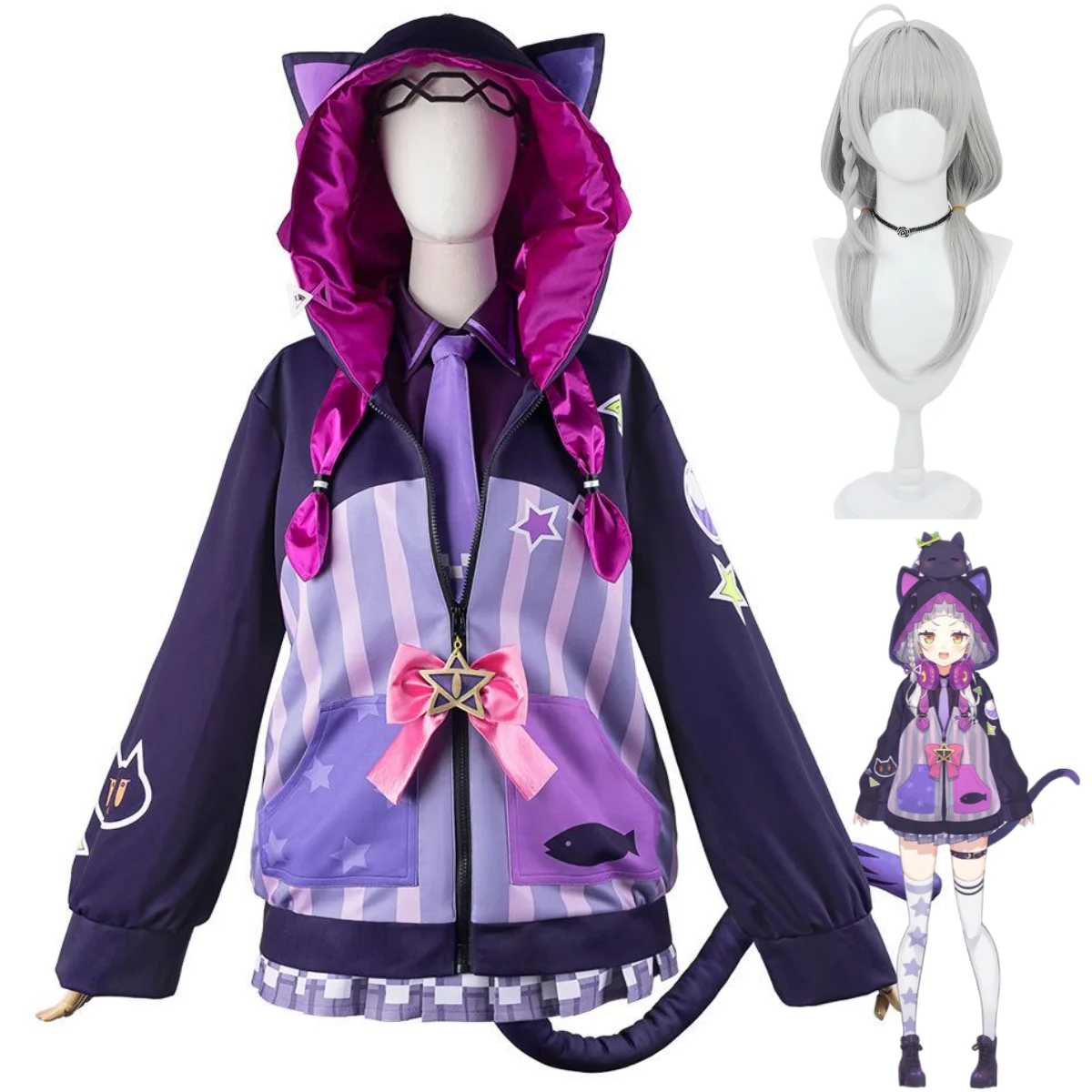 Virtual YouTuber Hololive Murasaki Shion Cosplay Costume Wig Hoodies Coat JK Uniform Skirt Woman Sexy Kawaii Halloween Suit