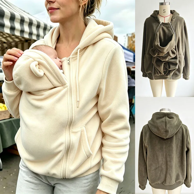 Women Zip Up Fleece Maternity Kangaroo Baby Carrier Hoodie Sweatshirt Jacket Mommy Babywearing Coat Autumn Winter Warm Outerwear