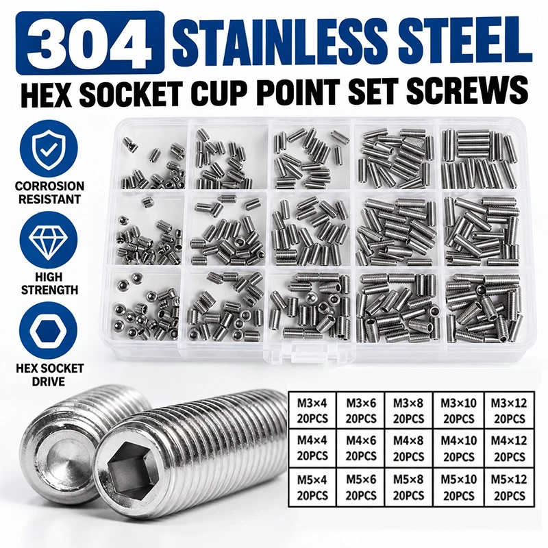 304 Stainless Steel Hex Socket Cup Point Set Screws M3 M4 M5 M6 M8 M10 Grub Bolt Fasteners Kit Box  DIN 916 Allen Key Set Screw
