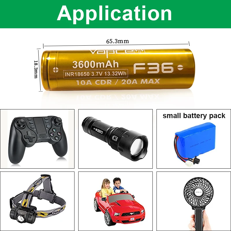 Vapcell F36 18650 Battery 3600MAH 10A/20A 3.7V Li-ion Rechargeable Batteries