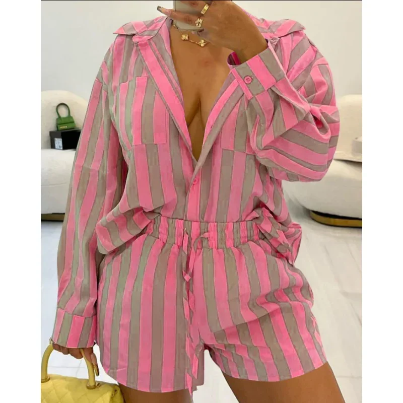 Two-Piece Suit Long Sleeve Tshirt Tops Fashion Shirt Top Women Summer Casual Short Pants Loose Printed Streetwear Shorts