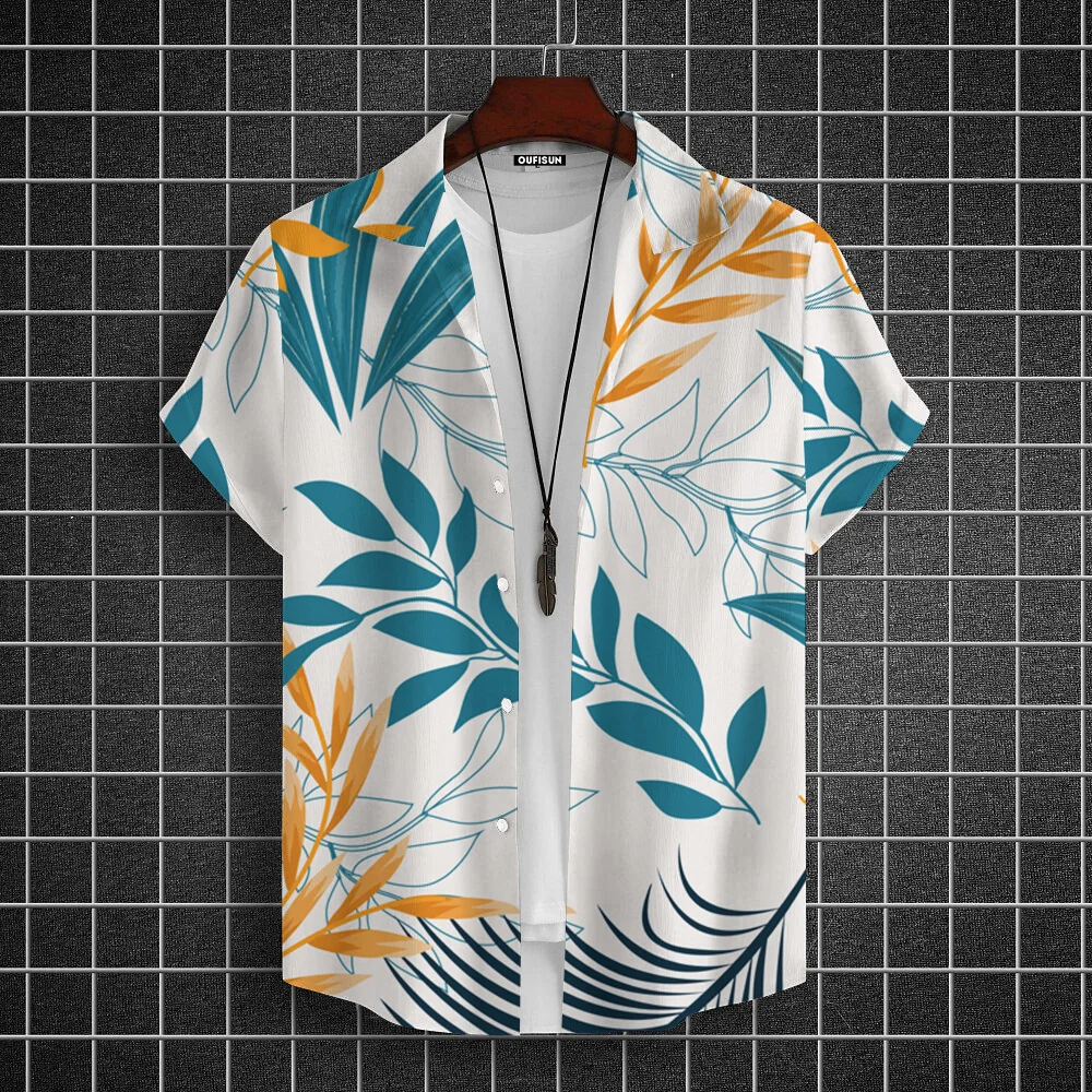 Hawaii Shirt Hundred New Mens Lapel Shirt Casual Youth Short Sleeve Tops Men\'s 3d Leaf Print Pattern Oversized Blouse