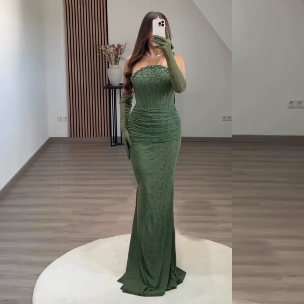 

Customized Lace Beading Pleat Strapless Mermaid Floor-length Bespoke Occasion Dresses Women's Evening Party Gown Glitter Sexy