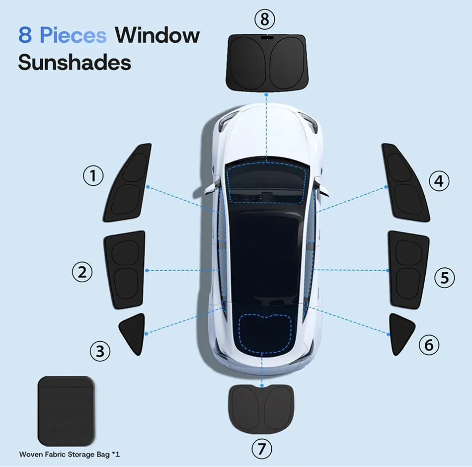 8PCS Windshield Sun Shade for Tesla Model Y L 2026 (6-seat) Accessories Privacy Protection Stay Cool  for Camping Black