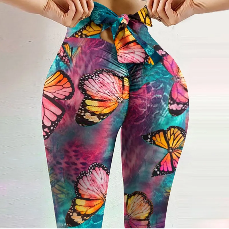 Sexy High Waist Bowknot Leggings Butterfly Print Yoga Pants Bandage Tights for Women Push Up Exercise Fitness Workout Legging