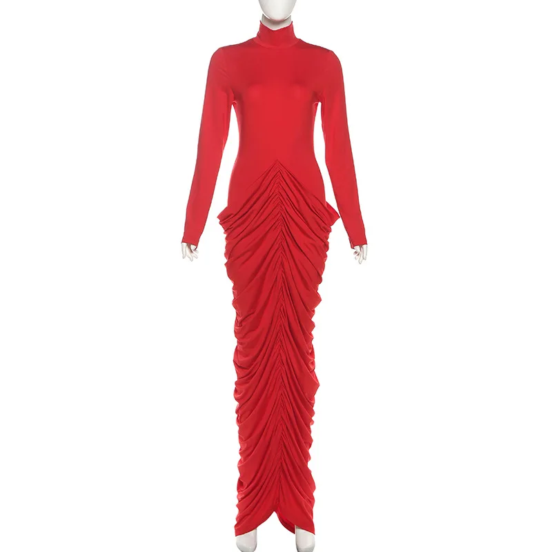 Red Backless Ruched Bodycon Maxi Party Dress Women Turtleneck Full Sleeve Slim Birthday Long Robe Evening Gown Christmas Outfits