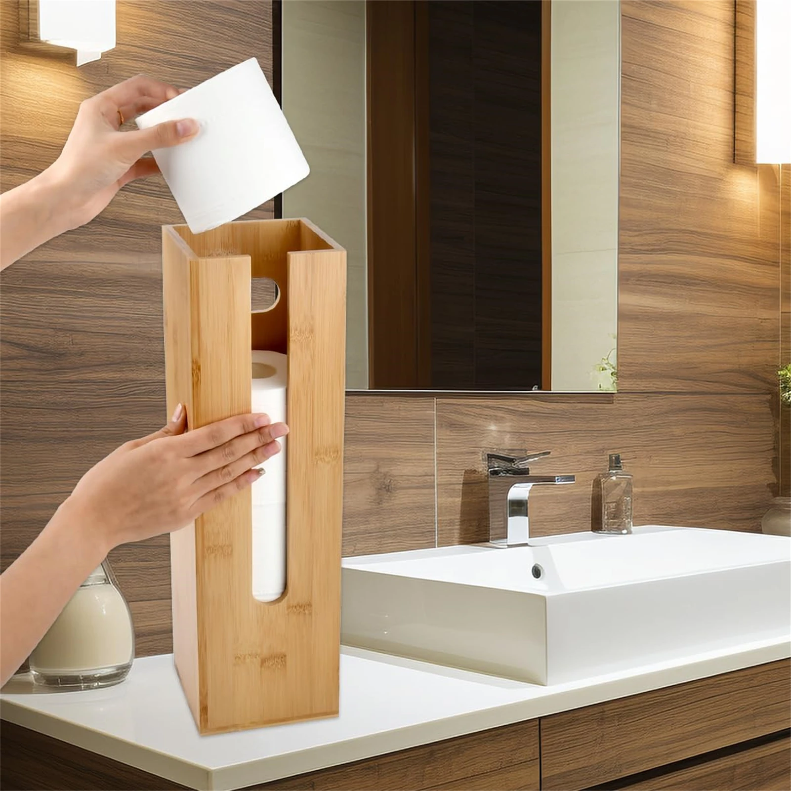 

Bamboo Toilet Paper Holder with Lid Bathroom Floor Storage Organizer for Rolls Tissue Cover Modern Home Decor
