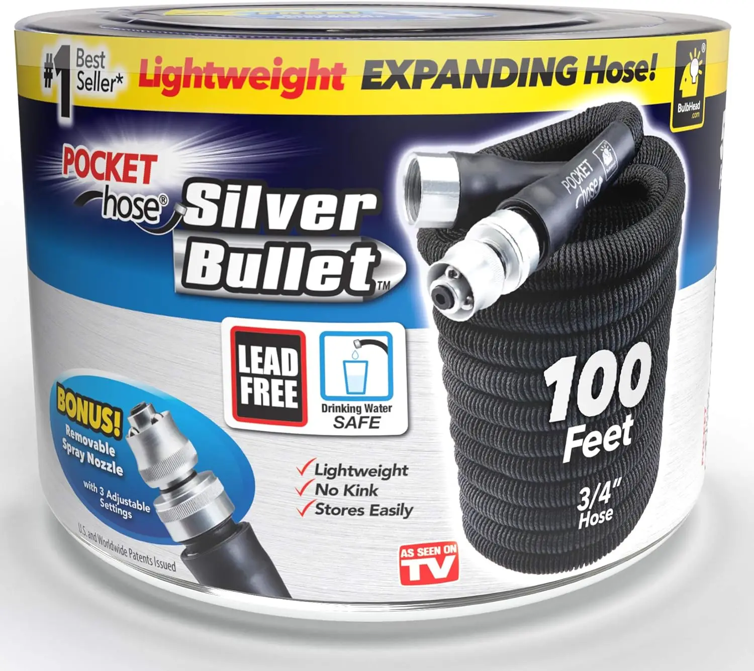 Pocket Hose Silver Bullet 100 ft Turbo Shot Nozzle Multiple Spray Patterns Expandable Garden Hose 3/4 in Solid Aluminum