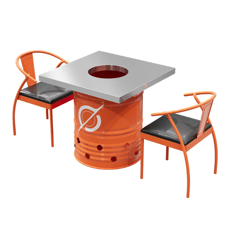 

Stainless steel hot pot table charcoal barbecue table commercial wrought iron oil drum table and chair combination