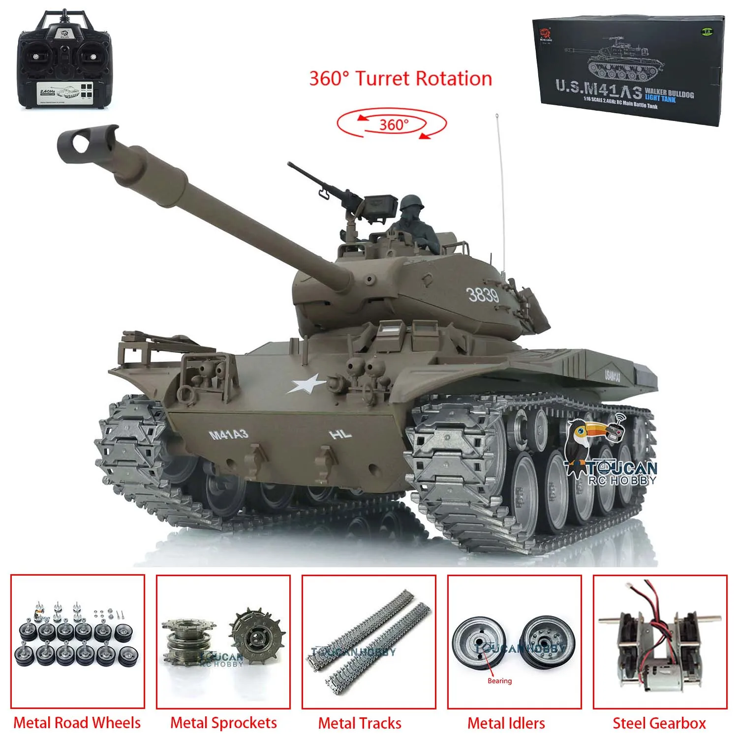 1/16 RTR Metal Henglong 7.0 Customized Walker Bulldog 3839 RC Tank Tracks Wheels Remote Control Model with USB Universal Charger for Hobbyist