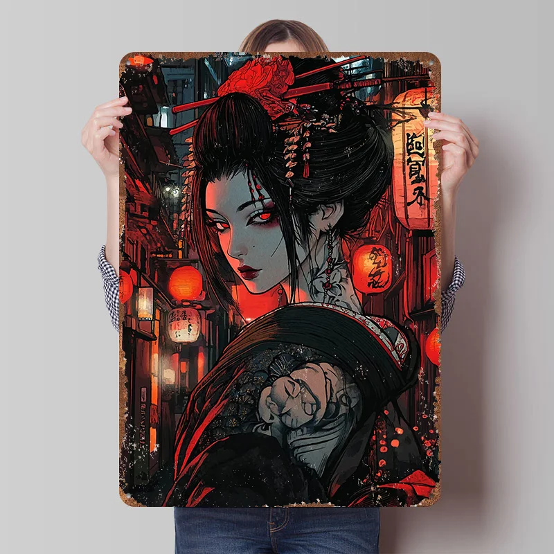 Geisha in Red Light District Tinplate Poster Customized Wall Art Vintage Metal Signs Retro Tin Plaque for Custom Plate Wand Deko