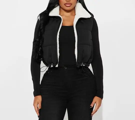 سترة نسائية للخريف والشتاء بياقة بسحاب من صوف الضأن مع جيب وسترة خصر ملابس دافئة #1