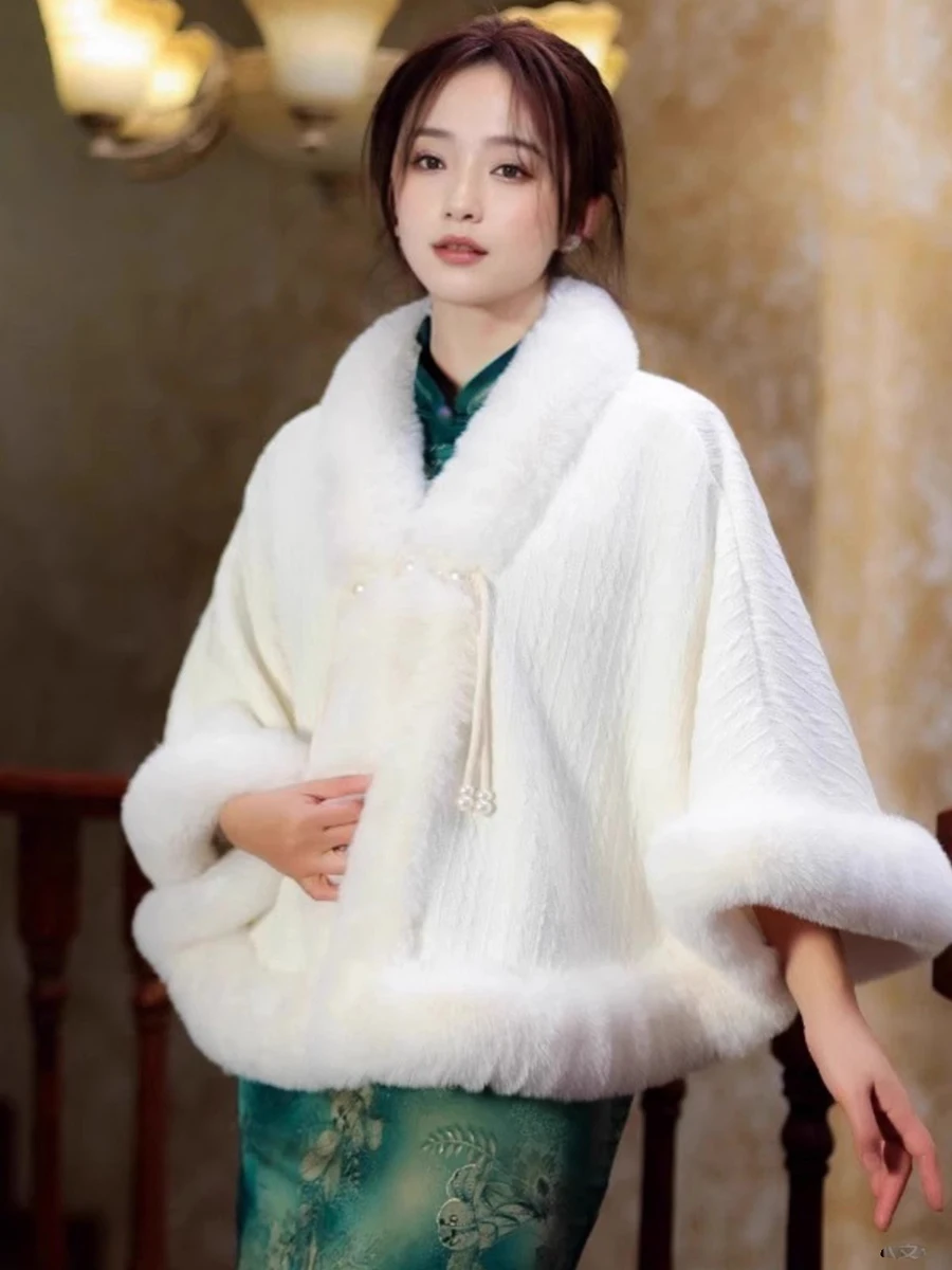 Elegant Sweet Chinese Vintage Style Faux Fur Cape Women Winter Knit Jacquard Shawl Coat Party Dress Wraps Cloak Thicken Fleece