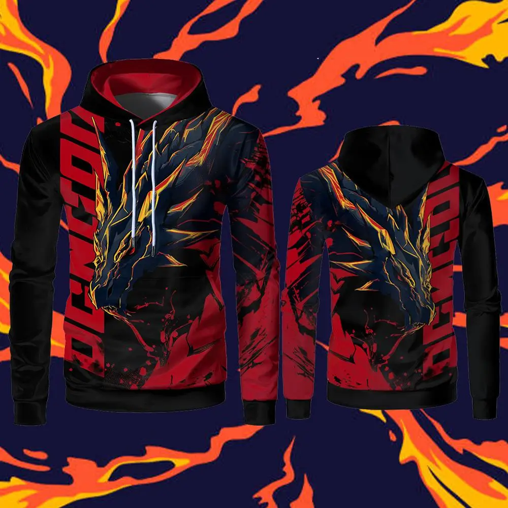 

New Fashion Dragon Pattern 3D Printed Pullover Red And Black Trendy Clothing Street Hip-Hop Men's And Women's Long Sleeve Tops