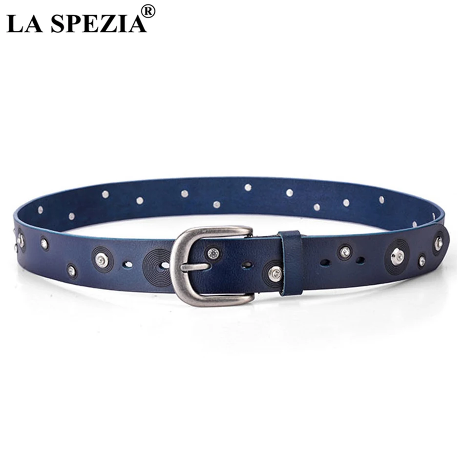 

LA SPEZIA New Design Navy Blue Women Rhinestone Belts Fashion Leather Belt Female Rivet Decorate Cow Leather Ladies Pin Belt