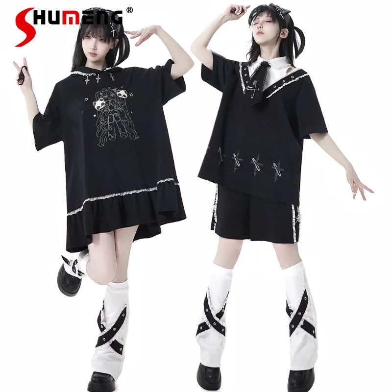 

Tie Age Reduction Cute Big Swing Tees Dresses Kawaii Top Cool Design Sense 2025 Summer New Black T-shirt Dress Shorts Leg Cover