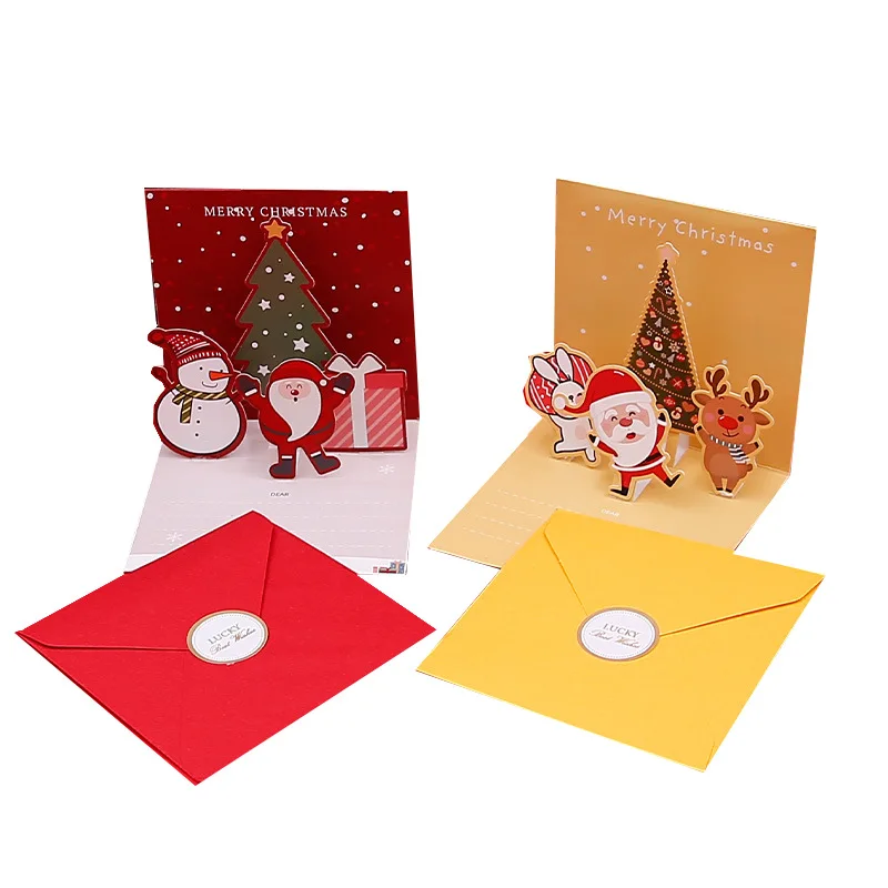 Christmas Greeting Cards 3d Folding Leave Message Cards with Envelope Santa Claus Gift Card for Birthday New Year Decoration