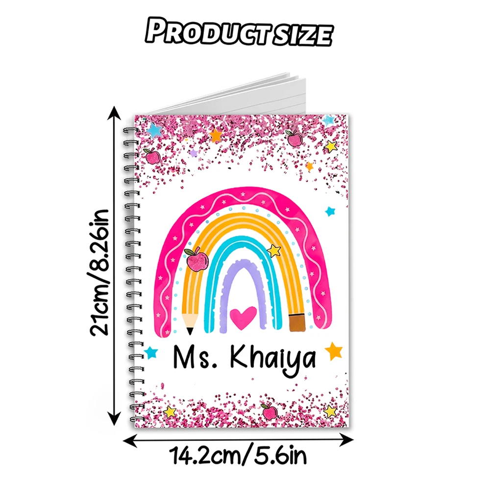Personalized Name Teacher Spiral Notebook,Custom Text Pink Glitter Journal,Cute Pencil School Notebook,Teacher Gift