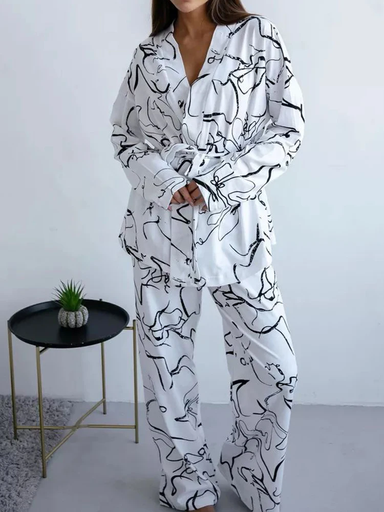 Linad Loose Pajamas For Women 2 Piece Sets Casual Long Sleeve Sleepwear Sashes Female Fashion Trouser Suits Knitted Homewear