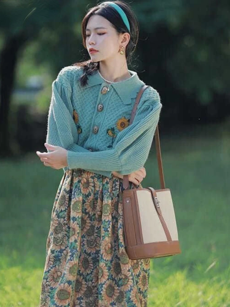 Fashion Embroidery Flowers Knitted Cardigan Rhombic Lattice Lantern Long Sleeve Cardigans Korean Pastoral Style Vintage Sweater