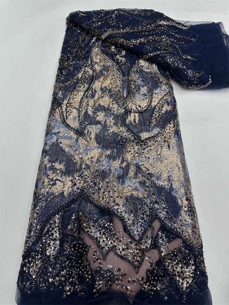 ผ้าลูกไม้ลวดลายแบบแอฟริกันล่าสุด ปี 2025 ผ้าลูกไม้ตาข่ายปักเลื่อมฝรั่งเศสหรูหรา ประดับด้วยลูกปัดทำมือคุณภาพสูงสำหรับชุดแต่งงาน