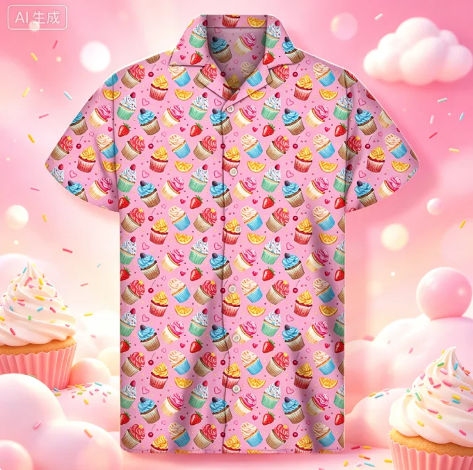 Cartoon Cupcake Graphic Hawaiian Shirts For Men 3D Print Food Lapel Shirt Summer Street Loose Tees Button Short Sleeves Blouse