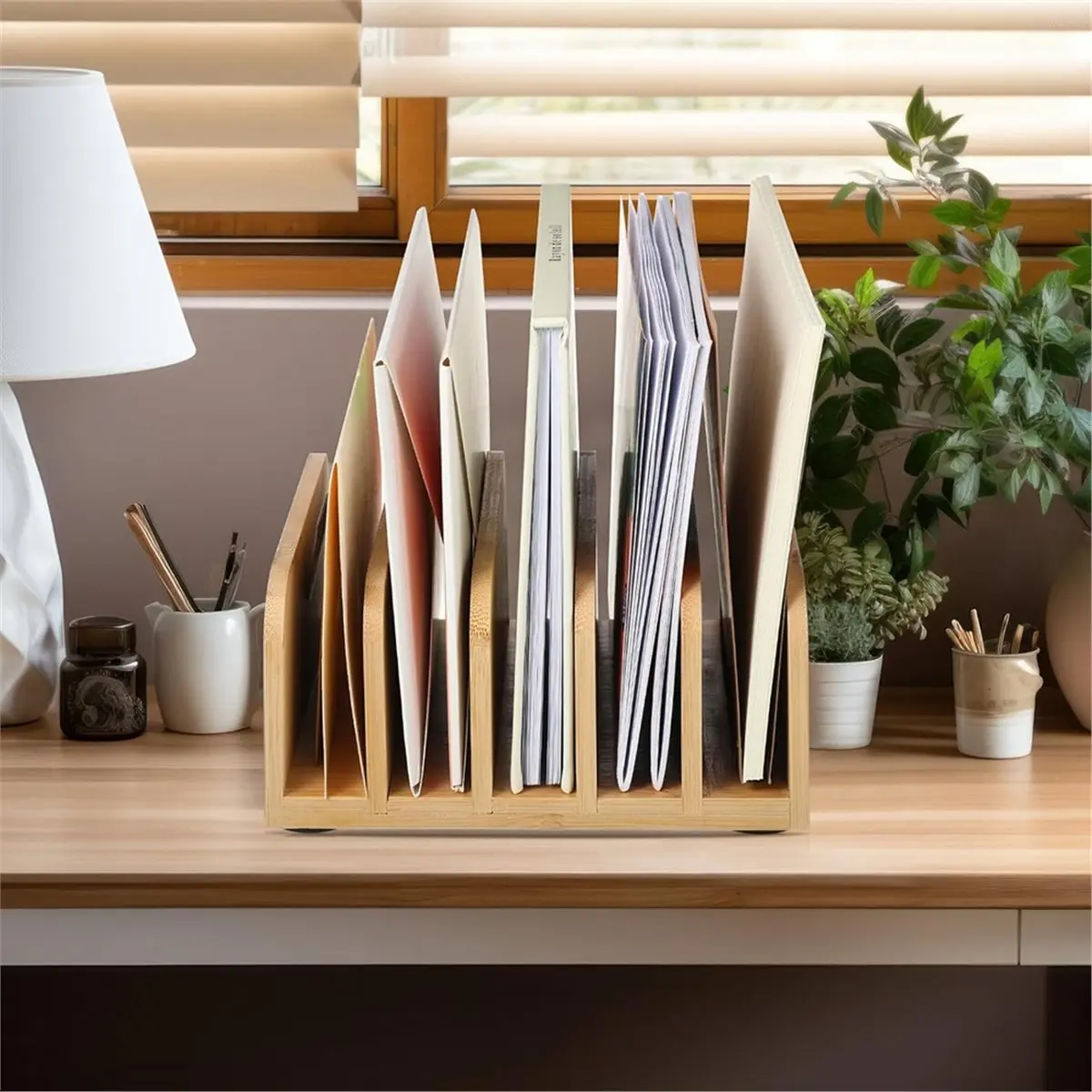 AA14 Desk Mail Organizer Bamboo File Holders Countertop Paper Organizer Letter Sorter 5 Compartments Envelope Holders