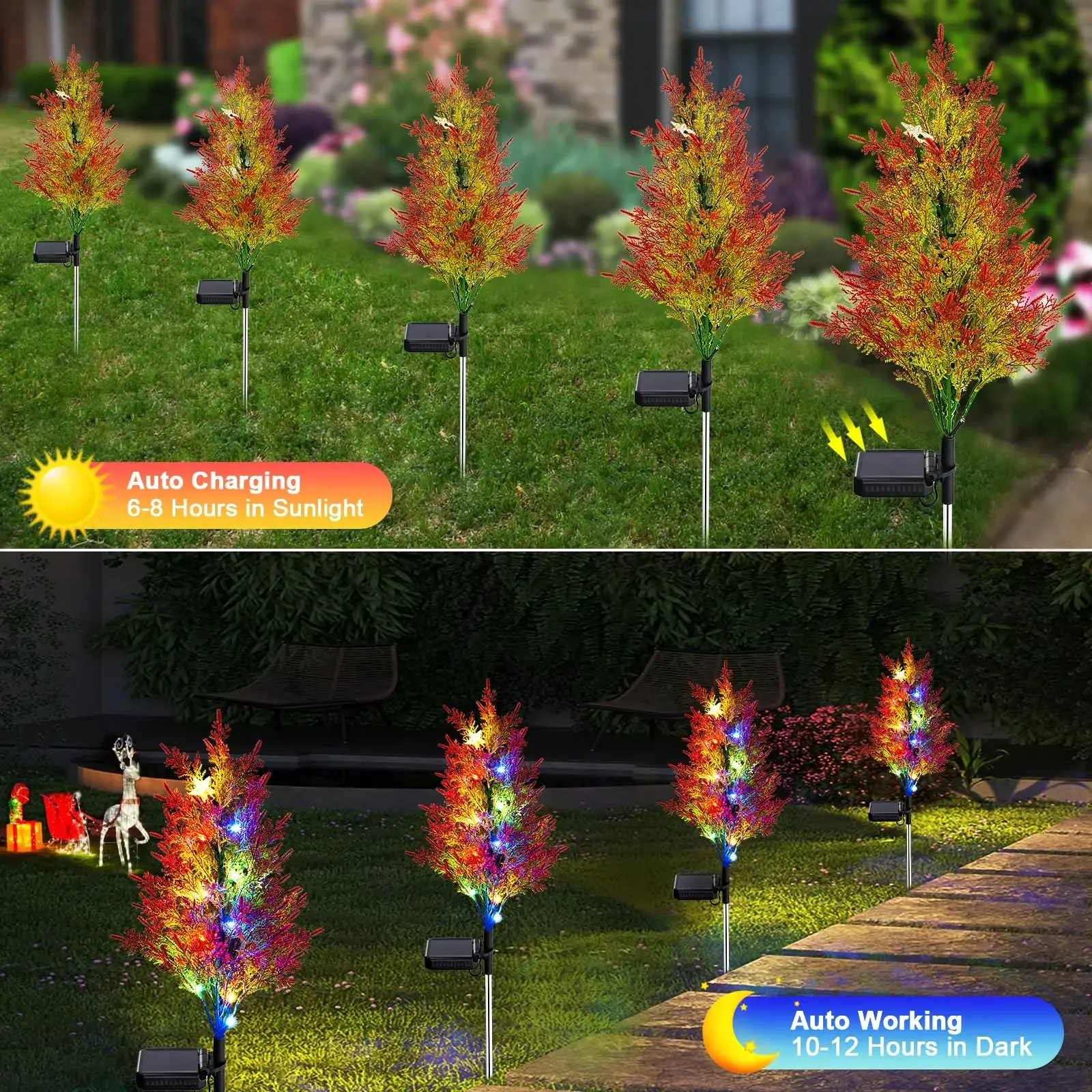 4 Pack Auto-On At Dusk Outdoor LED Waterproof Garden Multi-Color Flickering Pine Lawn Lamp Solar Christmas Tree Pathway Lights