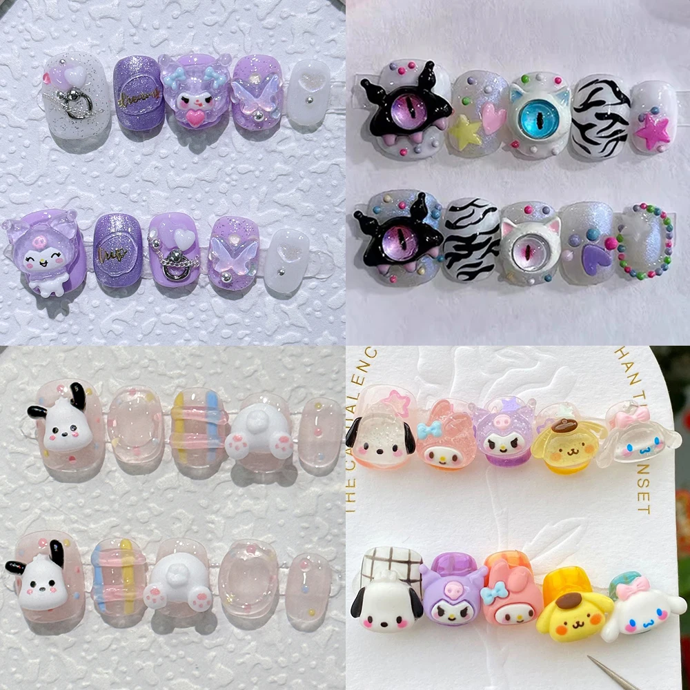 

Handmade Sanrio Cute Short Fake Nail Hello Kitty Kuromi Cinnamoroll Pink Monster Eyes Design Full Cover Nail Tips Holiday Gift