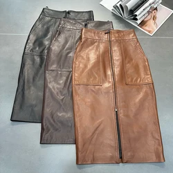 Genuine Leather Sheepksin Skirt Women High Waist Front Zipper Split Sexy Package Hip Skirt Chic Female Real leather Midi Skirts