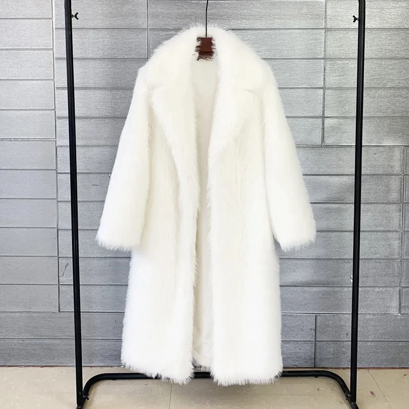 Cappotto lungo bianco in pelliccia sintetica Donna Autunno Inverno Giacca grande Cappotto Tasche con colletto rovesciato Cappotto spesso Giacche calde Cappotti maxi