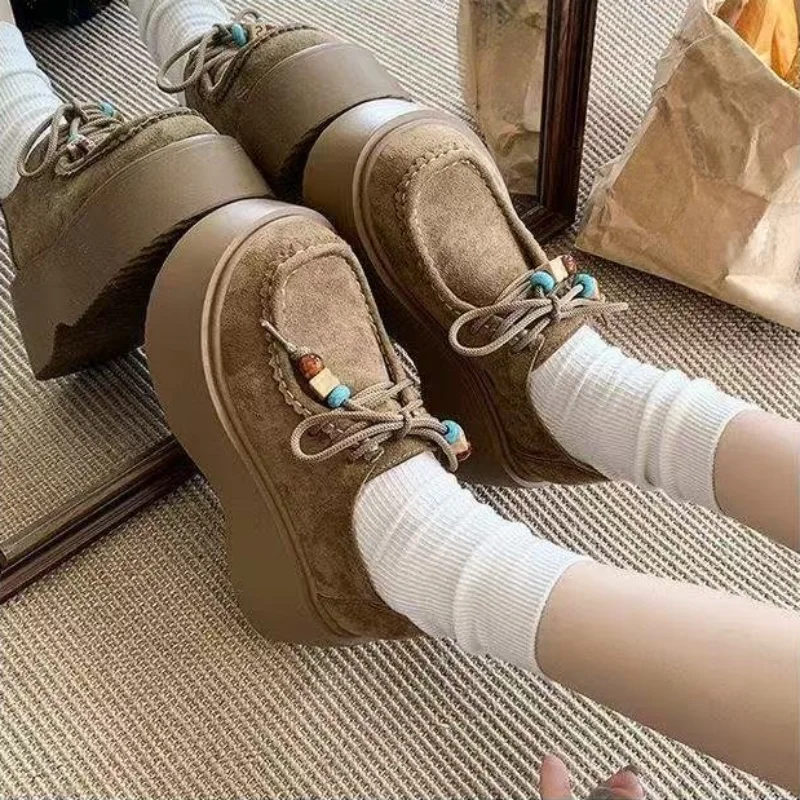 Women's Retro Platform Loafers, Colorful Wood Bead Lace-up Round Toe Shoes, Height Increasing British Style Casual Flats