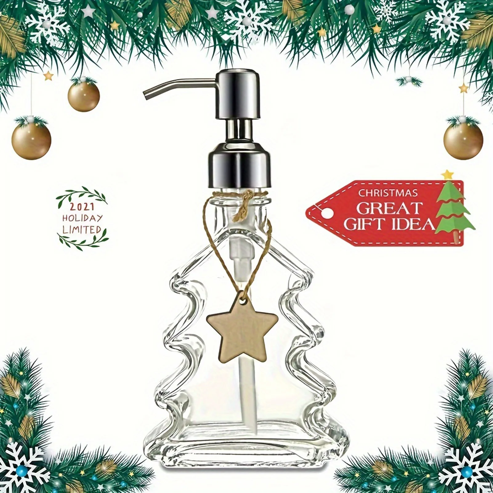 Christmas Holiday Soap Dispenser Refillable Glass Bottle Creative Tree Shape Liquid Pump for Bathroom Home Decor Gift Set
