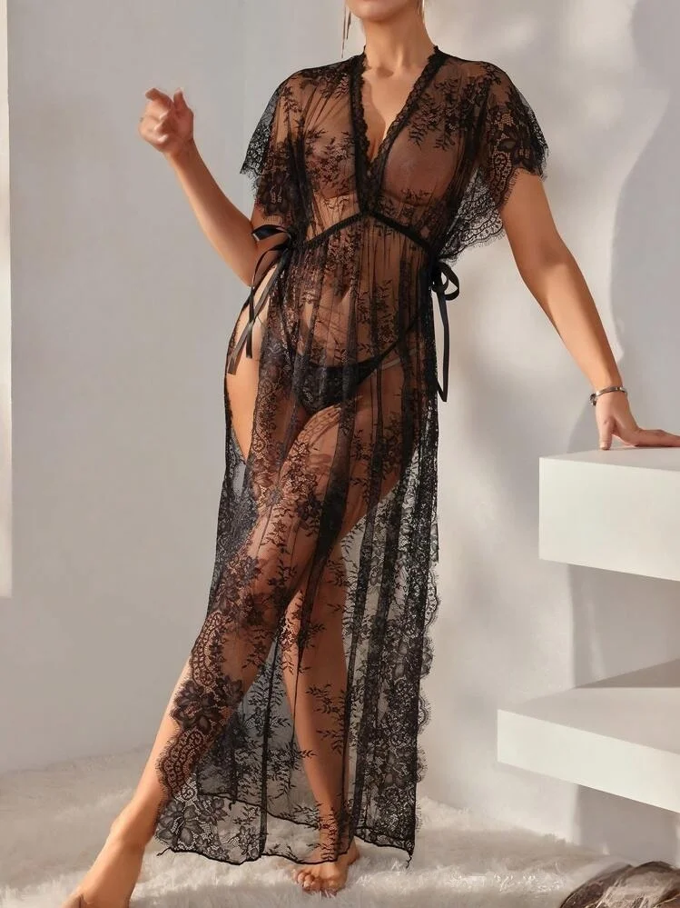Women Intimate Hot Sheer Floral Lace Maxi Robe For Women Short Sleeve V Neck Side Split Self Belt Transparent Sleep Slip Dress
