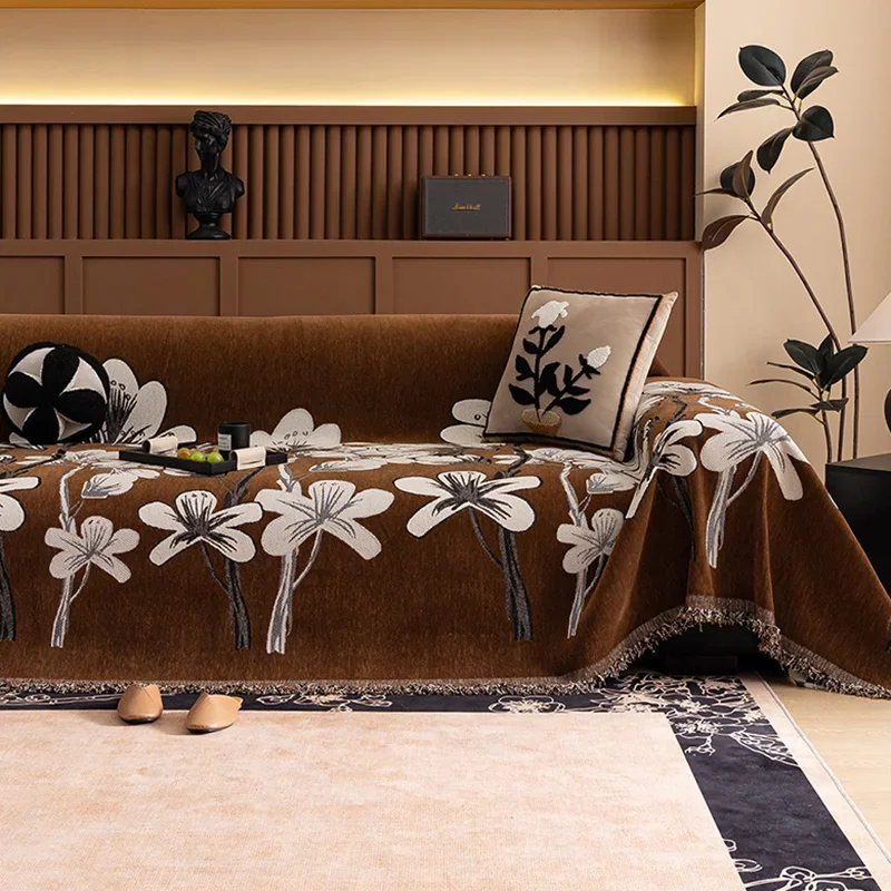 Vintage Floral Printed Sofa Towel Luxury Chenier Anti-Cat Scratching Couch Cover Soft and Comfortable Blanket for Home Office