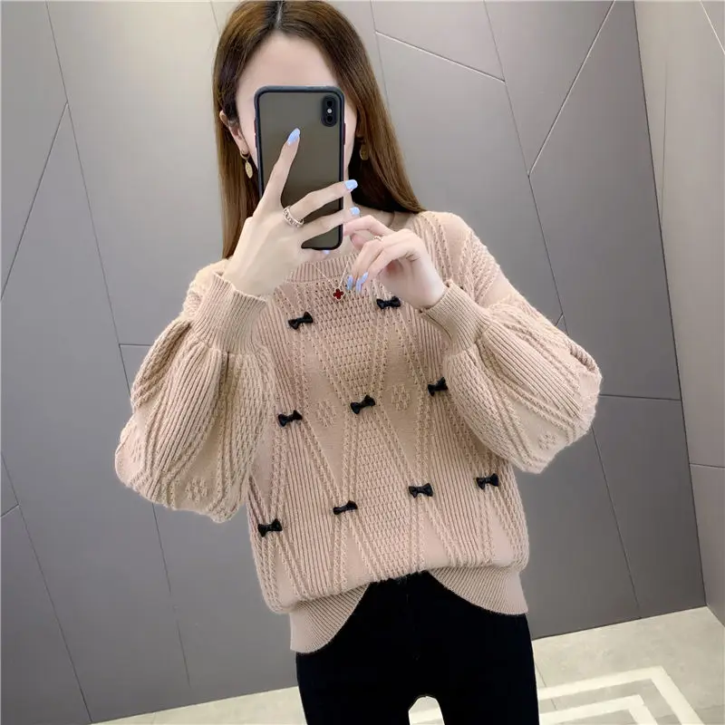 

Women's Solid Color Pullover Bow Short Sweater 2023 Autumn and Winter Fashion Round Neck Long Sleeve Screw Thread Knitted Tops