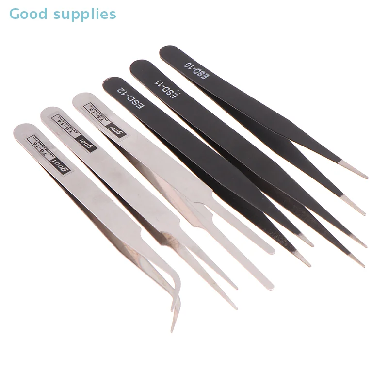 ชุดอุปกรณ์ซ่อมแซม 6 ชิ้น แหนบสแตนเลสสำหรับงาน DIY เครื่องมือซ่อมแซมความแม่นยำระดับอุตสาหกรรม แหนบงอและแหนบตรงสำหรับงานซ่อม