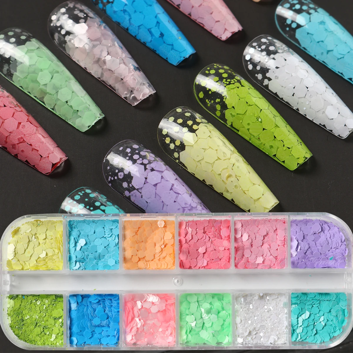 12 Grids Mermaid Hexagon Nail Art Glitter Sequins Candy Color Holographic Spangles Sparkly Flakes Paillette Dopamine Charm Decor