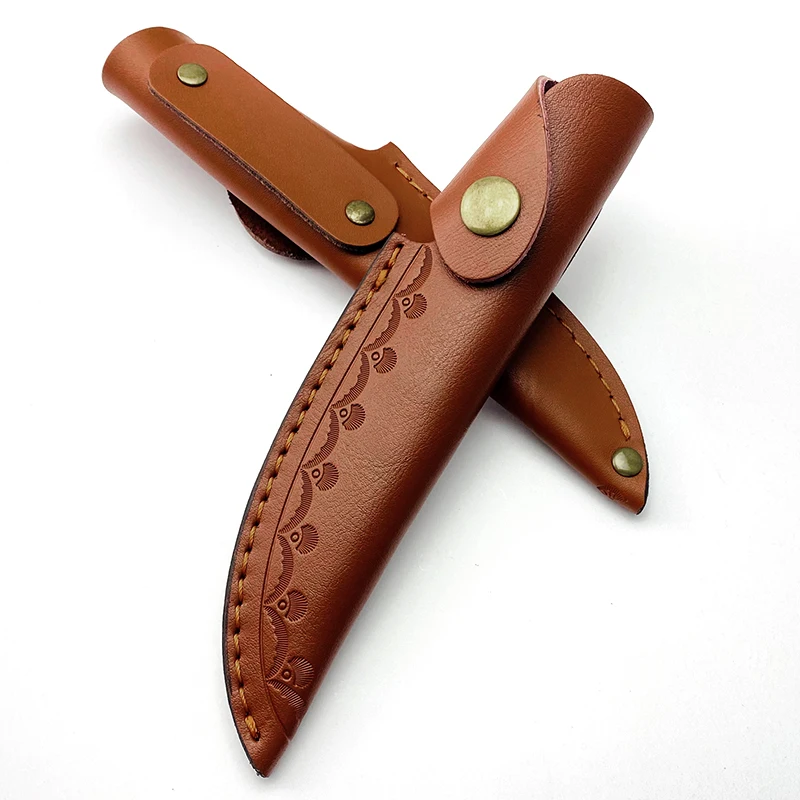 1Pc Cow Leather Outdoor Fixed Blade Straight Knife Scabbard Sheath Cowhide Scabbard Cover Carved Pattern Storage Bag Case Pants