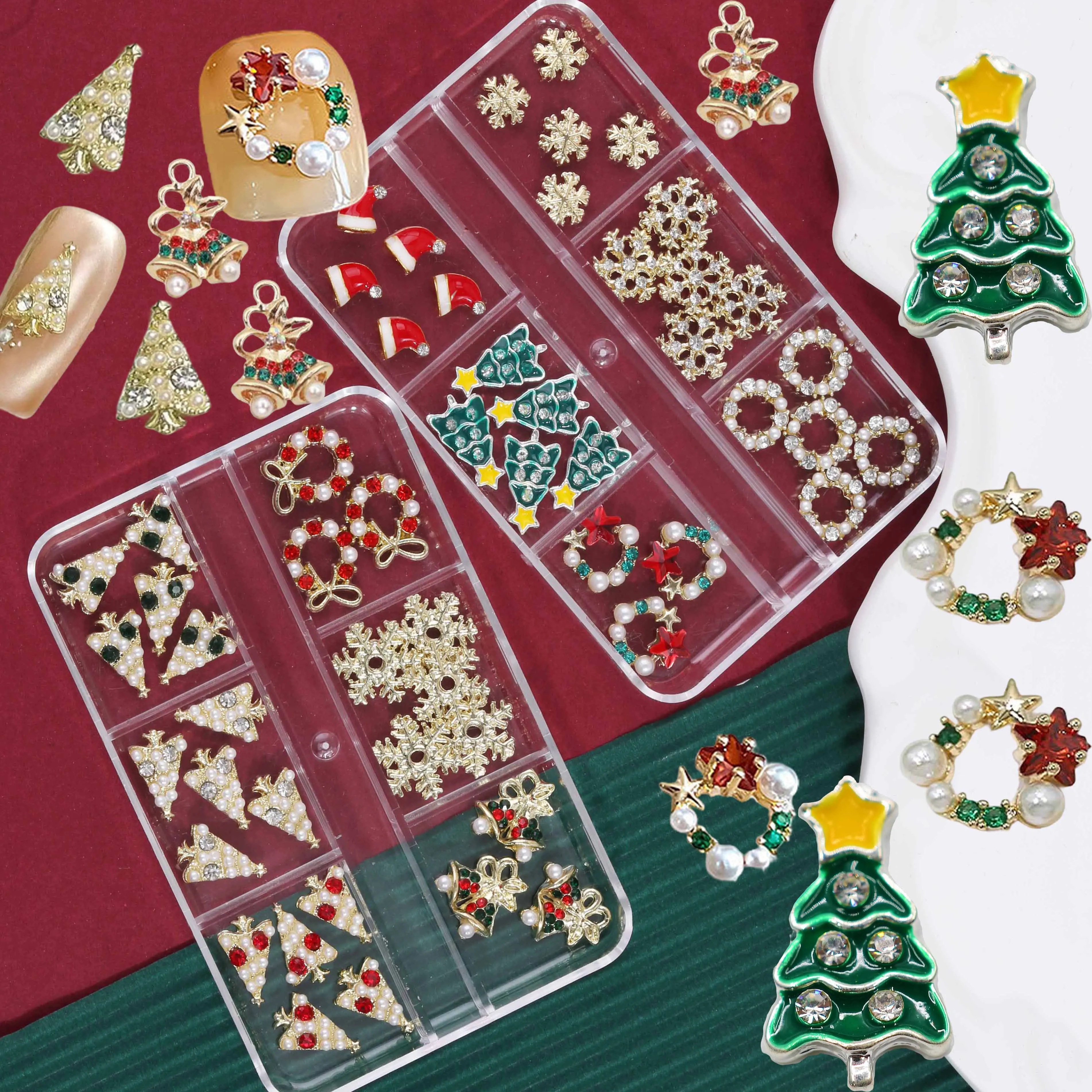 

6Grid Christmas Winter Snowflake Nail Charms Pearl Garland Xmas Tree Bell Alloy Rhinestone Wreath New Year Nail Decoration