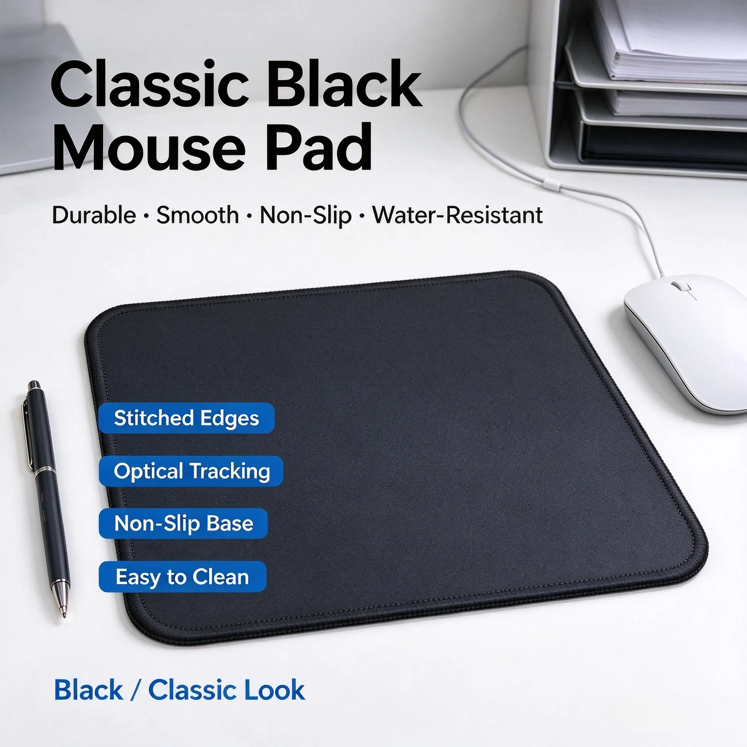 Black Mouse Pad Non-Slip Rubber Base Smooth Surface Durable Stitched Edges Small Mouse Mat for Office & Gaming 220×180mm