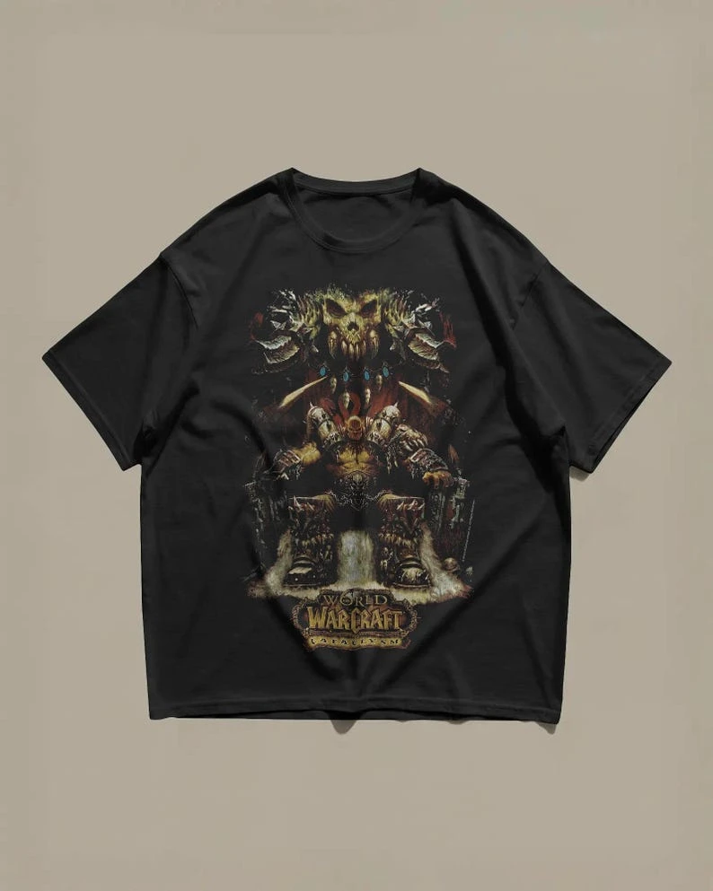 Camiseta vintage de World of Warcraft, edición Cataclysm, con la imagen de Garrosh Hellscream, diseño gráfico de la horda orca.