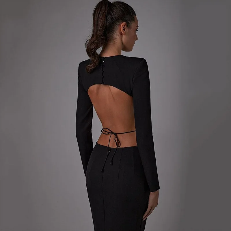 2024 Sexy manica lunga Slim Midi Cut Out Club abito da sera Backless abito nero per le donne eleganti abiti da festa primavera autunno