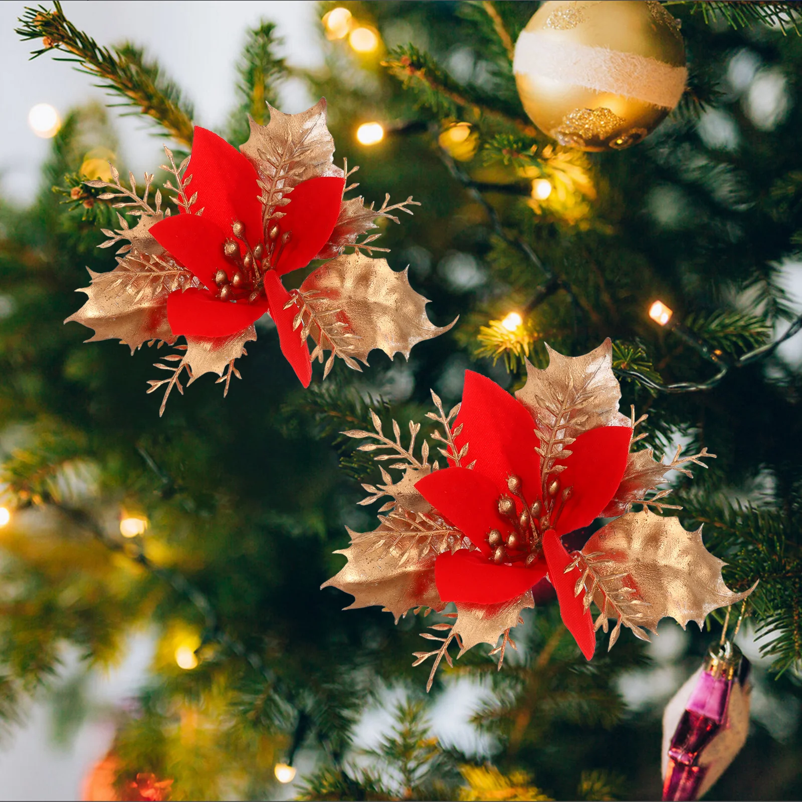 

6Pcs Christmas Flower Decorations Artificial Poinsettia Red Glitter Clips Cloth Floral Brooch Holiday Wreath Xmas Tree Ornaments