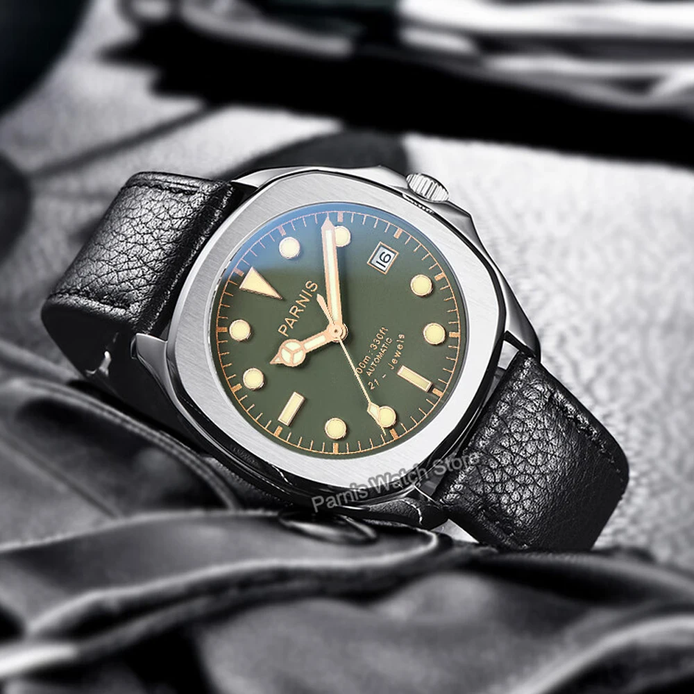 Parnis 39mm Geen Dial Mens นาฬิกาข้อมือคริสตัลแซฟไฟร์สแตนเลสสตีลนาฬิกาอัตโนมัติพร้อมสายหนัง