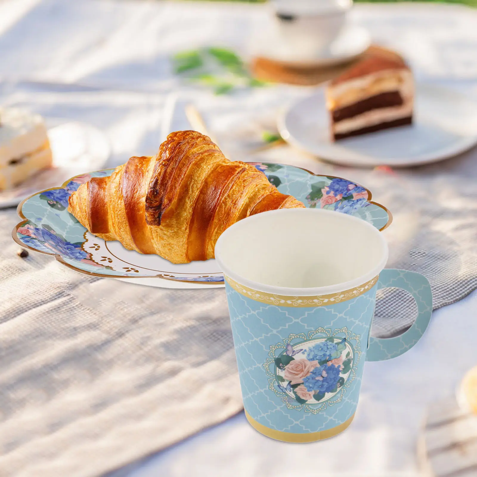 1Set Elegant European Floral Disposable Paper Plates Cups Scalloped Edge for Tea Party Birthday Shower Wedding
