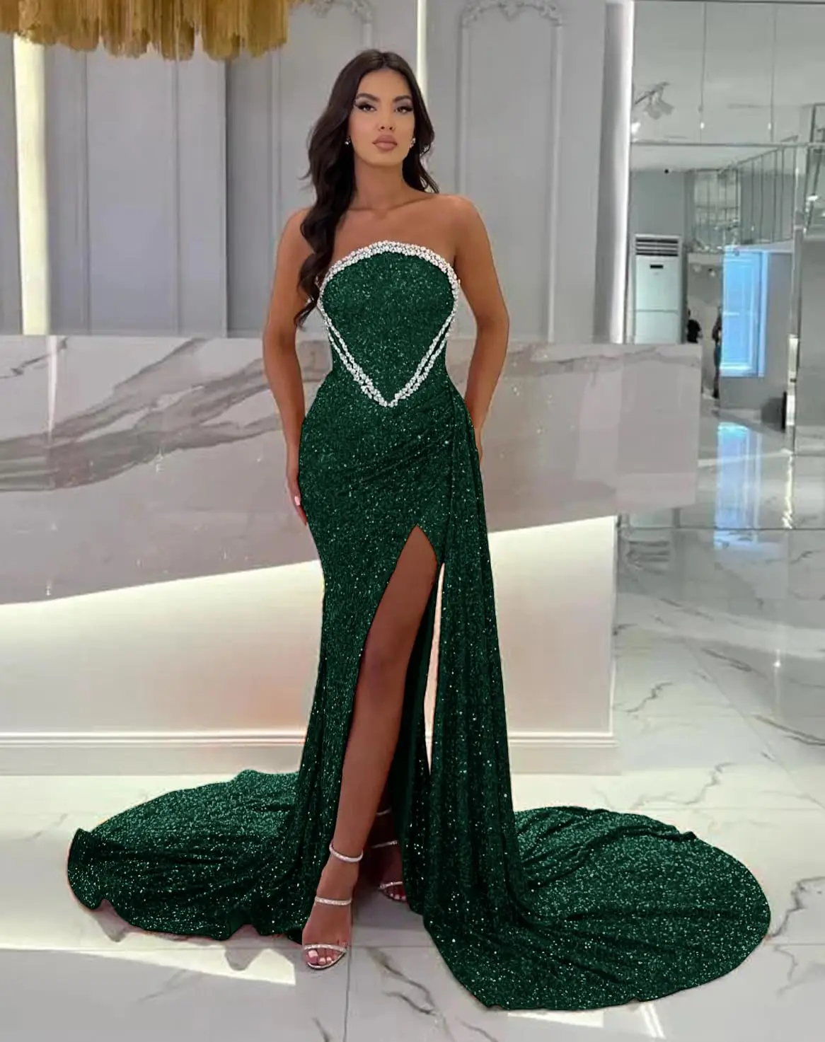 

Customized V Shaped Hand Sewn Drills Sequins Prom Dresses Strapless Mermaid Side Slit Long Evening Gowns For Women With Train