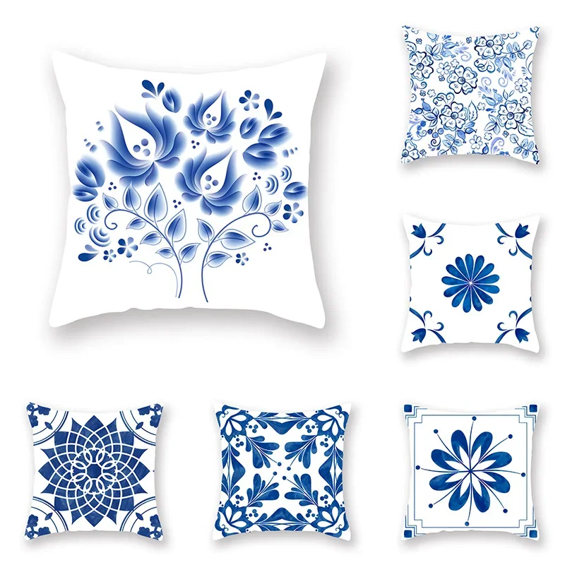 Blue Mandala Flower Geometric Print Pillowcase Living Room Sofa Bedroom Car Office Cushion Cover Home Decoration Ornament