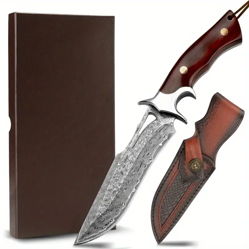 

1 Pcs Damascus Hand Forged Stainless Steel Knife Wooden Handle and Faux Leather Sheath Fixed Blade Outdoor Portable Sharp Knife