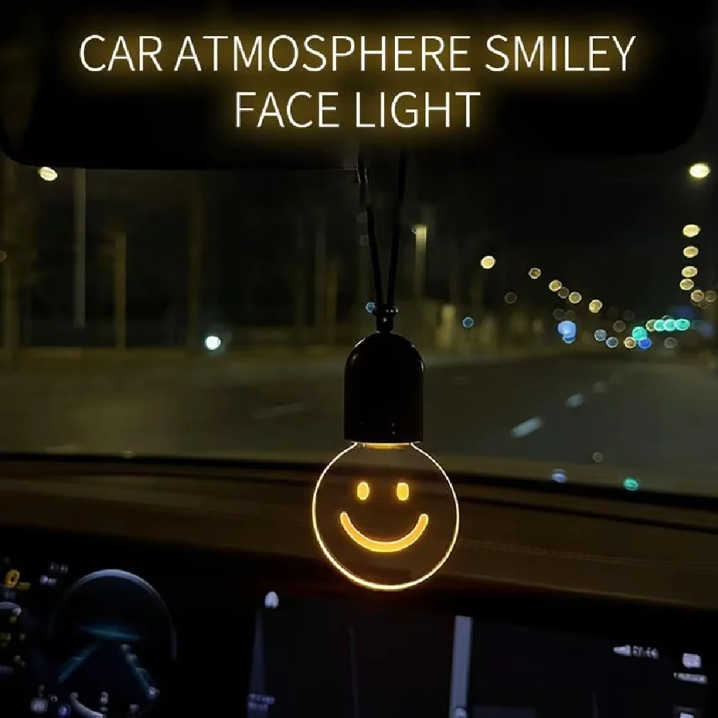 Rechargeable Smiley Face LED Car Pendant Acrylic Luminous Rearview Mirror Hanging Ornament Auto Interior Atmosphere Decor Light